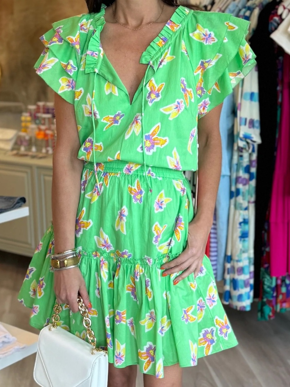 Ālivia XS cotton Green Floral Ruffle Mini Dress